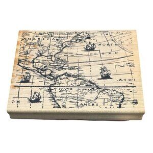 Rubber Stamp Wood Mounted Map North South America Boats Scrapbooking Crafts 2006